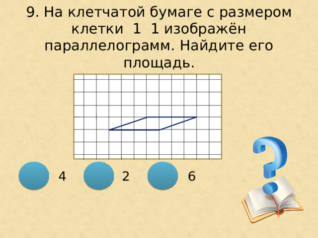 9. На клетчатой бумаге с размером клетки 1 ͯ 1 изображён параллелограмм. Найдите его площадь. 2 6 4 