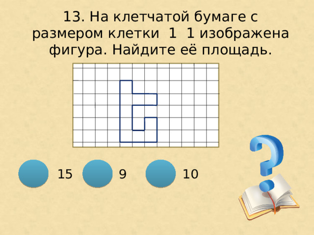 13. На клетчатой бумаге с размером клетки 1 ͯ 1 изображена фигура. Найдите её площадь.  15 9 10 