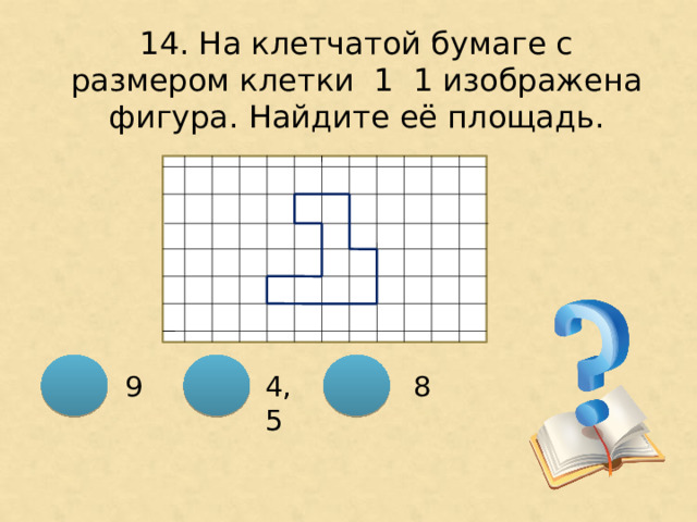 14. На клетчатой бумаге с размером клетки 1 ͯ 1 изображена фигура. Найдите её площадь. 4,5  8 9 