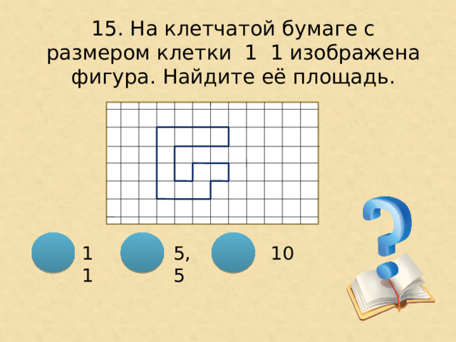 15. На клетчатой бумаге с размером клетки 1 ͯ 1 изображена фигура. Найдите её площадь. 5,5  10 11 