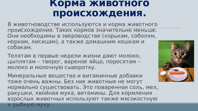 Корма животного происхождения. В животноводстве используются и корма животного происхождения. Таких кормов значительно меньше. Они необходимы в звероводстве (хорькам, соболям, норкам, лисицам), а также домашним кошкам и собакам. Телятам в первые недели жизни дают молоко, цыплятам – творог, вареное яйцо, поросятам – молоко и молочную сыворотку. Минеральные вещества и витаминные добавки тоже очень важны. Без них животные не могут нормально существовать. Это поваренная соль, мел, ракушки, хвойная мука, витамины. Для кормления взрослых животных используют также мясокостную и рыбную муку. 