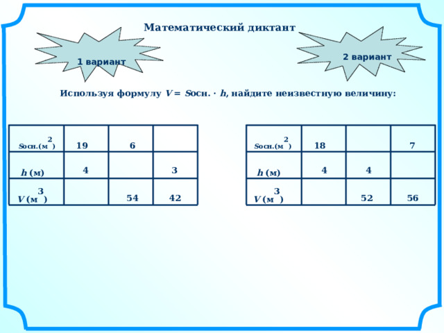 Математический  диктант 2 вариант 1 вариант Используя формулу V = S осн. · h , найдите неизвестную величину: 6 19 18 7 S осн.(м 2 ) S осн.(м 2 ) 3 4 4 4 h (м) h (м) 42 56 52 54 V (м 3 ) V (м 3 ) 