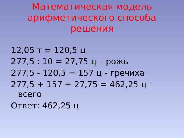 Математическая модель арифметического способа решения 12,05 т = 120,5 ц 277,5 : 10 = 27,75 ц – рожь 277,5 - 120,5 = 157 ц - гречиха 277,5 + 157 + 27,75 = 462,25 ц – всего Ответ: 462,25 ц 