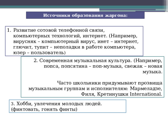 Источники образования жаргона: Развитие сотовой телефонной связи, компьютерных технологий, интернет. (Например, вирусняк – компьютерный вирус, инет – интернет, глючит, тупит – неполадки в работе компьютера, юзер – пользователь ) 2. Современная музыкальная культура. (Например, попса, попсятина – поп-музыка, свежак – новая музыка. Часто школьники придумывают прозвища музыкальным группам и исполнителям: Мармеладзе, Филя, Кретинушки International. 3 . Хобби, увлечения молодых людей. (финтовать, гонять финты) 