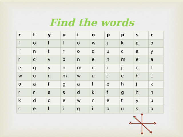 Find the words r t f o i y r n u l c l t i e v w r o o g w u b p o o v a n r q j p d n r m k e m k f u s r p a r g d n c w d m e u o s e q i a t e e l j l d y i e a k c e w g h h n l f g i t j e h t o k n u y s u o 