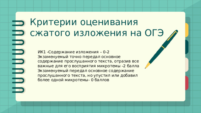 Критерии оценивания сжатого изложения на ОГЭ      ИК1 -Содержание изложения – 0-2 Экзаменуемый точно передал основное содержание прослушанного текста, отразив все важные для его восприятия микротемы -2 балла Экзаменуемый передал основное содержание прослушанного текста, но упустил или добавил более одной микротемы- 0 баллов 