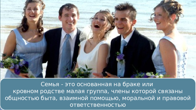 Семья - это основанная на браке или кровном родстве малая группа, члены которой связаны общностью быта, взаимной помощью, моральной и правовой ответственностью 