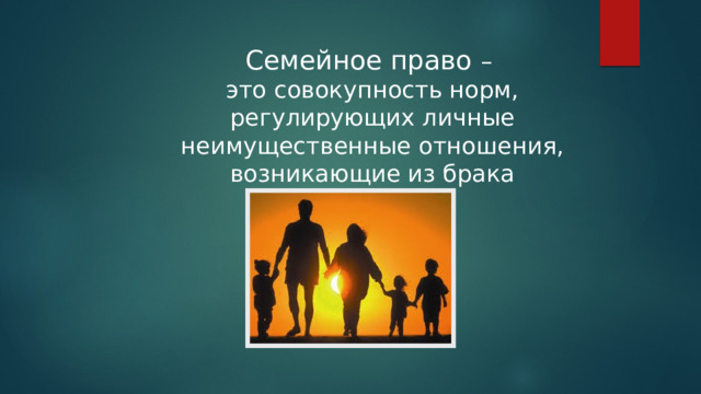 Семейное право – это совокупность норм, регулирующих личные неимущественные отношения, возникающие из брака 