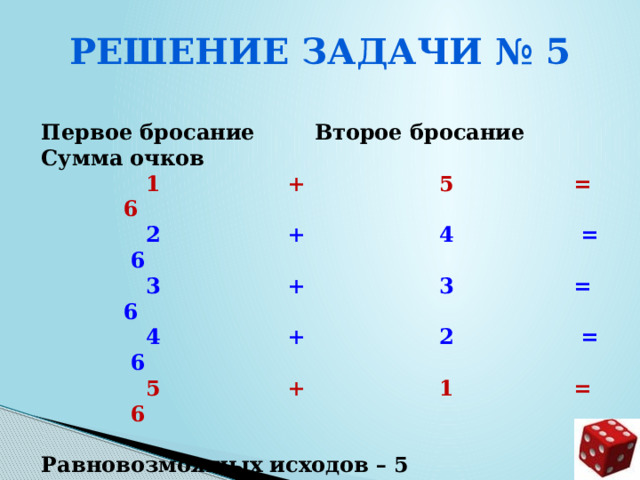 Решение задачи № 5  Первое бросание Второе бросание Сумма очков  1 + 5 = 6  2 + 4 = 6  3 + 3 = 6  4 + 2 = 6  5 + 1 = 6  Равновозможных исходов – 5  Благоприятствующих исходов – 2  Вероятность события р = 2/5 = 0,4     