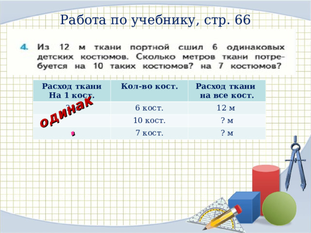 одинак . Работа по учебнику, стр. 66 Расход ткани На 1 кост. Кол-во кост. ? м Расход ткани на все кост. 6 кост. 10 кост. 12 м ? м 7 кост. ? м 