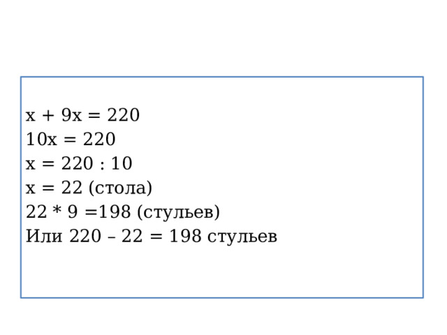 х + 9х = 220 10х = 220 х = 220 : 10 х = 22 (стола) 22 * 9 =198 (стульев) Или 220 – 22 = 198 стульев 