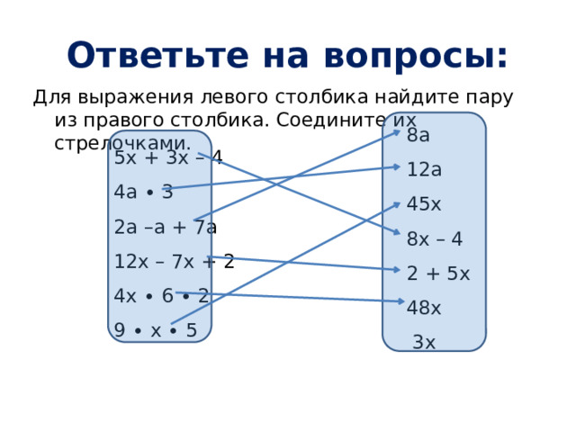 Ответьте на вопросы: Для выражения левого столбика найдите пару из правого столбика. Соедините их стрелочками. 8а 12а 45х 8х – 4 2 + 5х 48х  3х 5х + 3х – 4 4а ∙ 3 2а –а + 7а 12х – 7х + 2 4х ∙ 6 ∙ 2 9 ∙ х ∙ 5  
