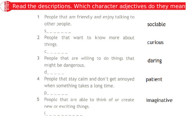 Read the descriptions. Which character adjectives do they mean? 