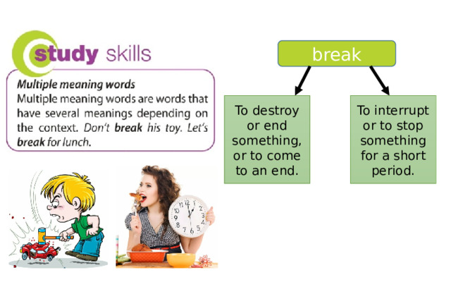 Read Study skills. What does break mean? break To destroy or end something, or to come to an end. To interrupt or to stop something for a short period. 