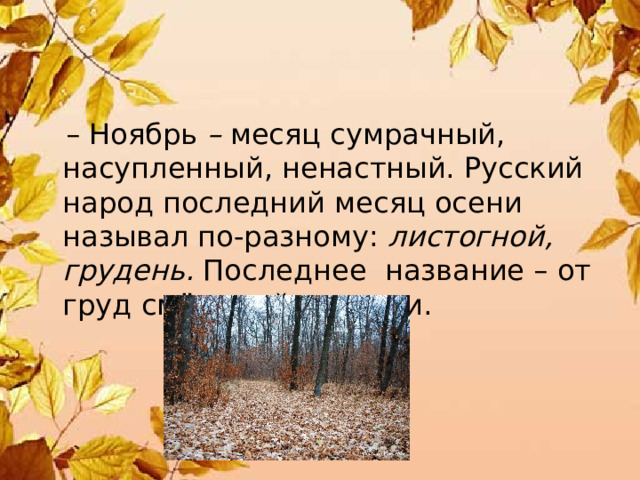 – Ноябрь – месяц сумрачный, насупленный, ненастный. Русский народ последний месяц осени называл по-разному: листогной, грудень. Последнее название – от груд смёрзшейся земли. 