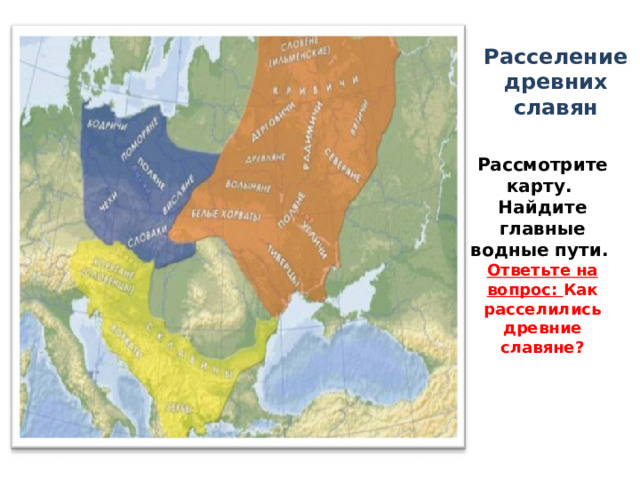Расселение древних славян Рассмотрите карту. Найдите главные водные пути. Ответьте на вопрос: Как расселились древние славяне? 