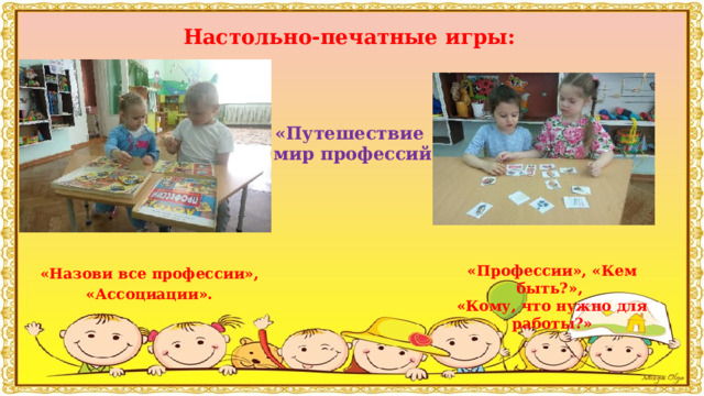Настольно-печатные игры:   «Путешествие  в мир профессий».      «Профессии», «Кем быть?», «Кому, что нужно для работы?»     «Назови все профессии», «Ассоциации».      