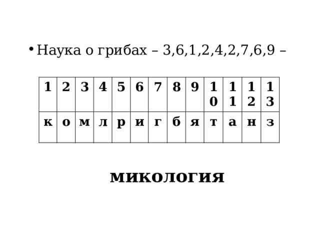 Наука о грибах – 3,6,1,2,4,2,7,6,9 – 1 2 к 3 о 4 м 5 л 6 р 7 и 8 г б 9 10 я 11 т 12 а н 13 з микология 