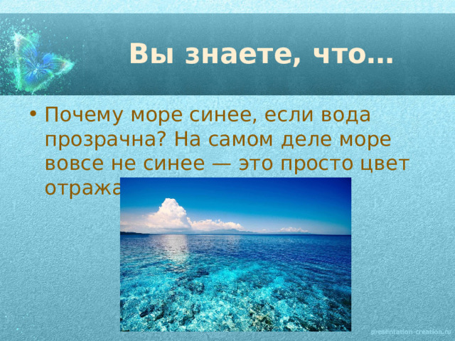 Вы знаете, что… Почему море синее, если вода прозрачна? На самом деле море вовсе не синее — это просто цвет отражающегося в нём неба! 