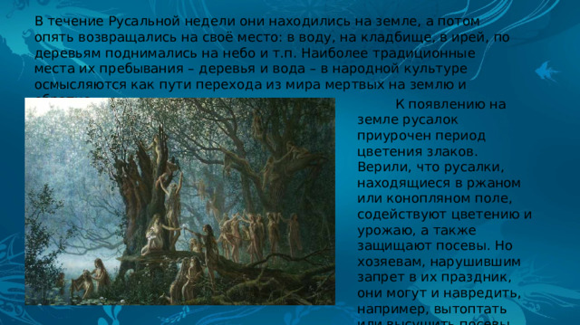 В течение Русальной недели они находились на земле, а потом опять возвращались на своё место: в воду, на кладбище, в ирей, по деревьям поднимались на небо и т.п. Наиболее традиционные места их пребывания – деревья и вода – в народной культуре осмысляются как пути перехода из мира мертвых на землю и обратно.  К появлению на земле русалок приурочен период цветения злаков. Верили, что русалки, находящиеся в ржаном или конопляном поле, содействуют цветению и урожаю, а также защищают посевы. Но хозяевам, нарушившим запрет в их праздник, они могут и навредить, например, вытоптать или высушить посевы. 