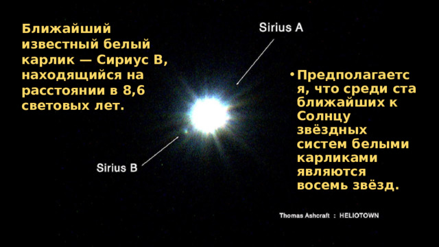 Ближайший известный белый карлик — Сириус B, находящийся на расстоянии в 8,6 световых лет. Предполагается, что среди ста ближайших к Солнцу звёздных систем белыми карликами являются восемь звёзд. 