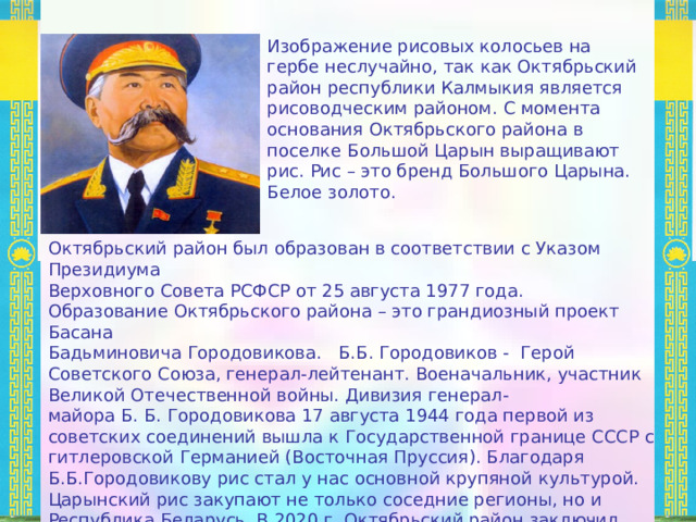Изображение рисовых колосьев на гербе неслучайно, так как Октябрьский район республики Калмыкия является рисоводческим районом. С момента основания Октябрьского района в поселке Большой Царын выращивают рис. Рис – это бренд Большого Царына. Белое золото. Октябрьский район был образован в соответствии с Указом Президиума Верховного Совета РСФСР от 25 августа 1977 года. Образование Октябрьского района – это грандиозный проект Басана Бадьминовича Городовикова. Б.Б. Городовиков - Герой Советского Союза, генерал-лейтенант. Военачальник, участник Великой Отечественной войны. Дивизия генерал-майора Б. Б. Городовикова 17 августа 1944 года первой из советских соединений вышла к Государственной границе СССР с гитлеровской Германией (Восточная Пруссия). Благодаря Б.Б.Городовикову рис стал у нас основной крупяной культурой. Царынский рис закупают не только соседние регионы, но и Республика Беларусь. В 2020 г. Октябрьский район заключил договор с фирмой Нестле на поставку риса для детского питания. 
