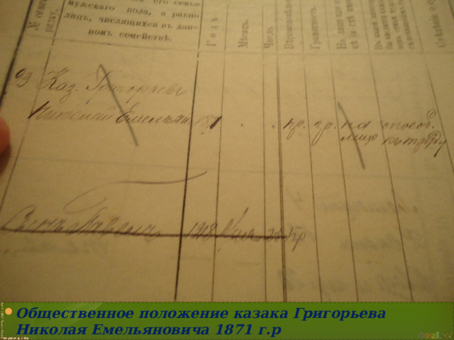 Общественное положение казака Григорьева Николая Емельяновича 1871 г.р  