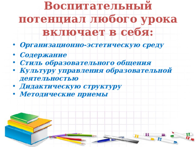 Воспитательный потенциал любого урока включает в себя: Организационно-эстетическую среду Содержание Стиль образовательного общения Культуру управления образовательной деятельностью Дидактическую структуру Методические приемы  