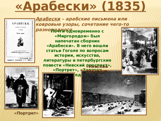 «Арабески» (1835) Арабески – арабские письмена или ковровые узоры, сочетание чего-то разнородного.  Почти одновременно с «Миргородом» был напечатан сборник «Арабески». В него вошли статьи Гоголя по вопросам истории, искусства, литературы и петербургские повести «Невский проспект», «Портрет», «Записки сумасшедшего». «Невский проспект» «Портрет» 