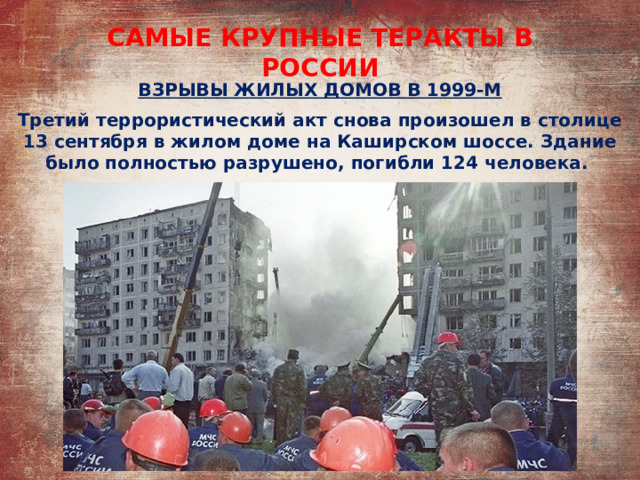 САМЫЕ КРУПНЫЕ ТЕРАКТЫ В РОССИИ ВЗРЫВЫ ЖИЛЫХ ДОМОВ В 1999-М Третий террористический акт снова произошел в столице 13 сентября в жилом доме на Каширском шоссе. Здание было полностью разрушено, погибли 124 человека. 