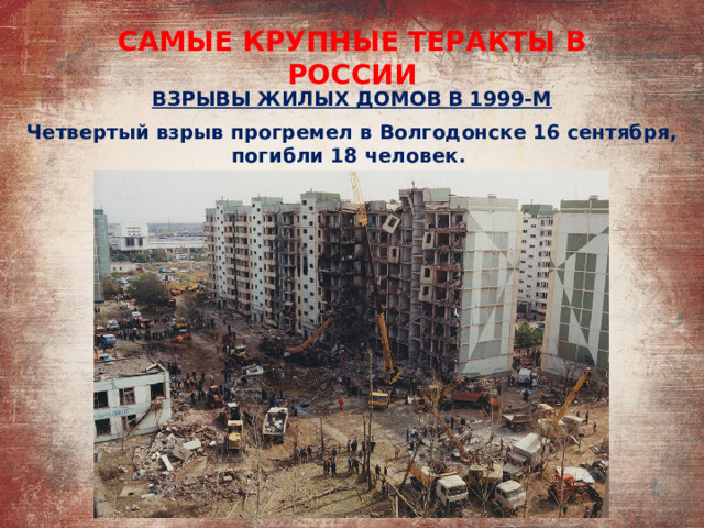 САМЫЕ КРУПНЫЕ ТЕРАКТЫ В РОССИИ ВЗРЫВЫ ЖИЛЫХ ДОМОВ В 1999-М Четвертый взрыв прогремел в Волгодонске 16 сентября, погибли 18 человек. 