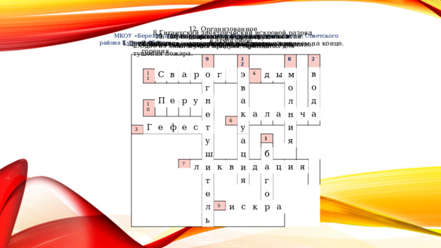 12. Организованное движение в безопасную зону. 8.Гигантский электрический искровой разряд в атмосфере. 11. Бог солнца и огня у древних славян. 10.Бог -громовержец в славянской мифологии. 9. Переносной аппарат для тушения огня.  МКОУ «Березовчанская основная общеобразовательная школа» Советского района Курской области        Кроссворд  «Словарик пожарного»          Березовчик, 2022 1.Длинный шест с металлическим острием и крючком на конце. 7.Действия, направленные на прекращение горения. 6.Наблюдательная башня при пожарной части. 5. Частичка горящего или раскаленного вещества. 3.Бог огня в древнегреческой мифологии. 2.Одно из химических веществ, пригодных для тушения пожара. 4.Летучий продукт горения. 11 10 3 9 12 4 6 7 8 2 1 5 в о д а С в а р о г э в а к у а ц и я д ы м м о г о л н е н т и у я ш и т е л ь П е р у н к а л а н ч а Г е ф е с т б а г о р л и к в и д а ц и я и с к р а 
