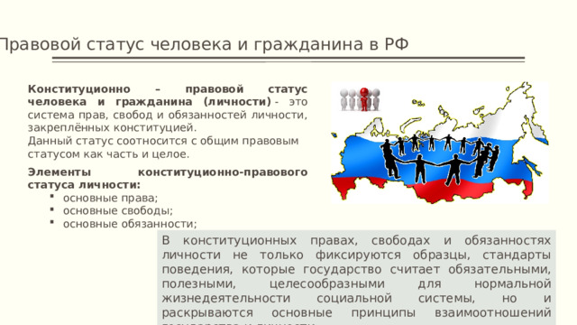 Правовой статус человека и гражданина в РФ Конституционно – правовой статус человека и гражданина (личности)  - это система прав, свобод и обязанностей личности, закреплённых конституцией. Данный статус соотносится с общим правовым статусом как часть и целое. Элементы конституционно-правового статуса личности: основные права; основные свободы; основные обязанности; основные права; основные свободы; основные обязанности; В конституционных правах, свободах и обязанностях личности не только фиксируются образцы, стандарты поведения, которые государство считает обязательными, полезными, целесообразными для нормальной жизнедеятельности социальной системы, но и раскрываются основные принципы взаимоотношений государства и личности. 1 