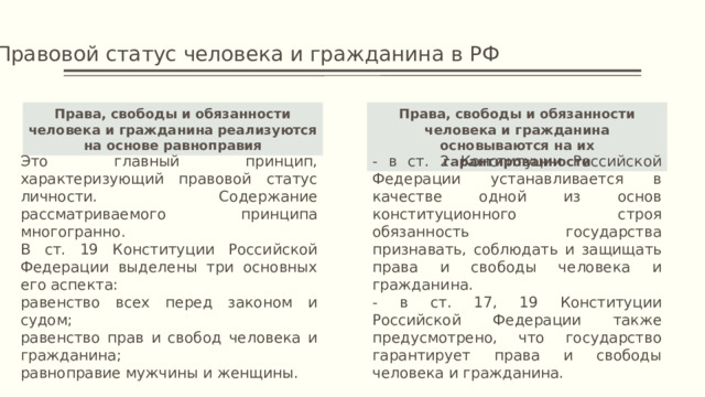 Правовой статус человека и гражданина в РФ Права, свободы и обязанности человека и гражданина реализуются на основе равноправия Права, свободы и обязанности человека и гражданина основываются на их гарантированности Это главный принцип, характеризующий правовой статус личности. Содержание рассматриваемого принципа многогранно. - в ст. 2 Конституции Российской Федерации устанавливается в качестве одной из основ конституционного строя обязанность государства признавать, соблюдать и защищать права и свободы человека и гражданина. В ст. 19 Конституции Российской Федерации выделены три основных его аспекта: - в ст. 17, 19 Конституции Российской Федерации также предусмотрено, что государство гарантирует права и свободы человека и гражданина. равенство всех перед законом и судом; равенство прав и свобод человека и гражданина; равноправие мужчины и женщины.  