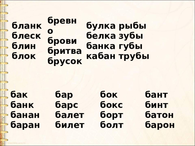 бланк  блеск  блин  блок бревно  брови  бритва  брусок  булка  белка  банка  кабан рыбы  зубы  губы  трубы  бак  банк  банан  баран бар  барс  балет  билет бок  бокс  борт  болт бант  бинт  батон  барон 