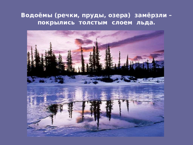 Водоёмы (речки, пруды, озера) замёрзли –  покрылись толстым слоем льда. 