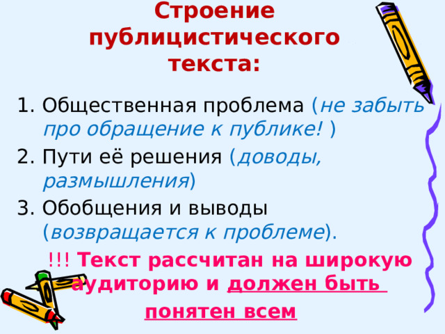 Строение публицистического текста: Общественная проблема ( не забыть про обращение к публике! ) Пути её решения ( доводы, размышления ) Обобщения и выводы ( возвращается к проблеме ).  !!! Текст рассчитан на широкую аудиторию и должен быть понятен всем 
