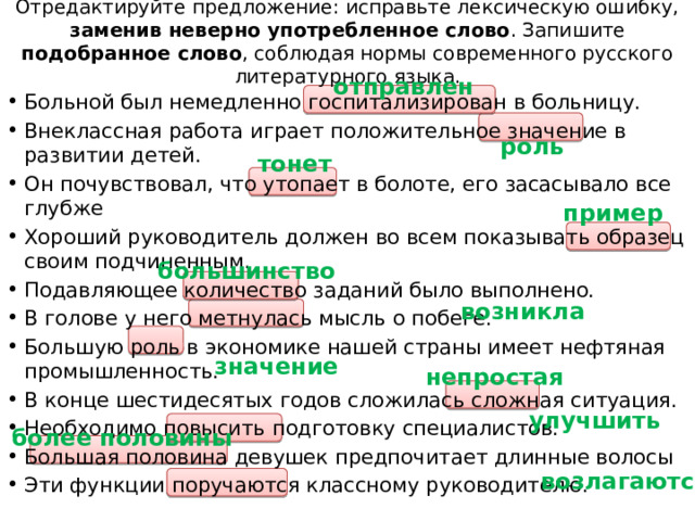 Отредактируйте предложение: исправьте лексическую ошибку, заменив неверно употребленное слово . Запишите подобранное слово , соблюдая нормы современного русского литературного языка. отправлен Больной был немедленно госпитализирован в больницу. Внеклассная работа играет положительное значение в развитии детей. Он почувствовал, что утопает в болоте, его засасывало все глубже Хороший руководитель должен во всем показывать образец своим подчиненным. Подавляющее количество заданий было выполнено. В голове у него метнулась мысль о побеге. Большую роль в экономике нашей страны имеет нефтяная промышленность. В конце шестидесятых годов сложилась сложная ситуация. Необходимо повысить подготовку специалистов. Большая половина девушек предпочитает длинные волосы Эти функции поручаются классному руководителю. роль тонет пример большинство возникла значение непростая улучшить более половины возлагаются