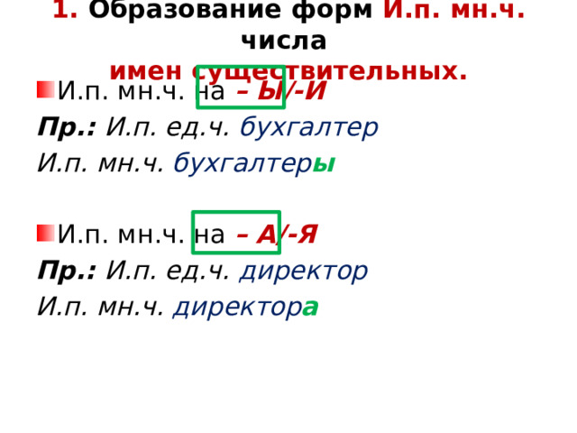 1. Образование форм И.п. мн.ч. числа  имен существительных. И.п. мн.ч. на – Ы/-И Пр.: И.п. ед.ч. бухгалтер И.п. мн.ч. бухгалтер ы  И.п. мн.ч. на – А/-Я Пр.: И.п. ед.ч. директор И.п. мн.ч. директор а   