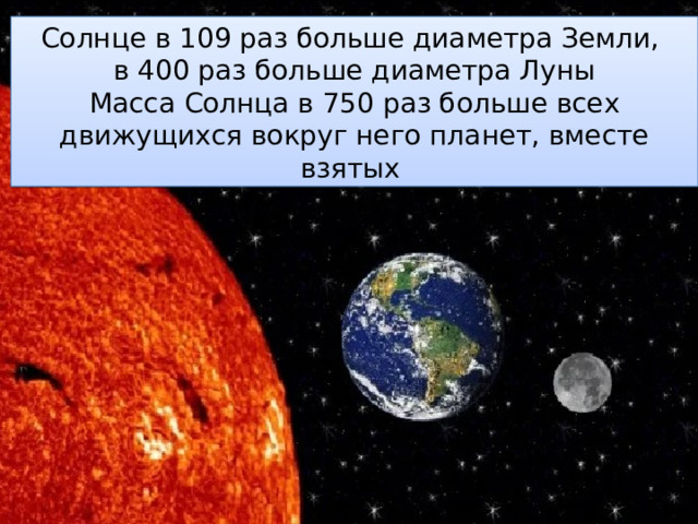 Солнце в 109 раз больше диаметра Земли, в 400 раз больше диаметра Луны Масса Солнца в 750 раз больше всех движущихся вокруг него планет, вместе взятых  