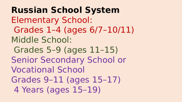 Russian School System Elementary School:  Grades 1–4 (ages 6/7–10/11) Middle School:  Grades 5–9 (ages 11–15) Senior Secondary School or Vocational School Grades 9–11 (ages 15–17)  4 Years (ages 15–19) 
