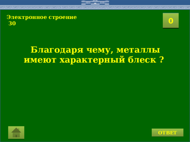 Электронное строение  30 2 1 3 4 0 5 7 6 8 9 10 11 15 16 14 17 12 19 13 18 20 Благодаря чему, металлы имеют характерный блеск ? ОТВЕТ 