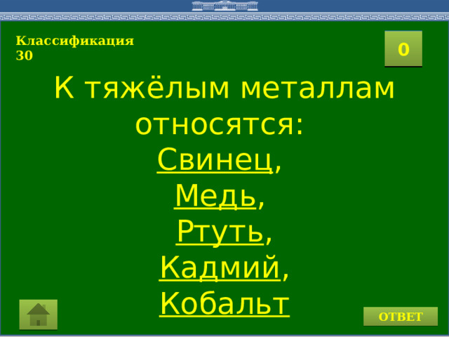 Классификация 30  2 1 3 4 0 5 10 9 8 7 6 11 15 16 14 17 19 12 13 18 20 К тяжёлым металлам относятся:  Свинец ,  Медь ,  Ртуть ,   Кадмий ,  Кобальт  ОТВЕТ 