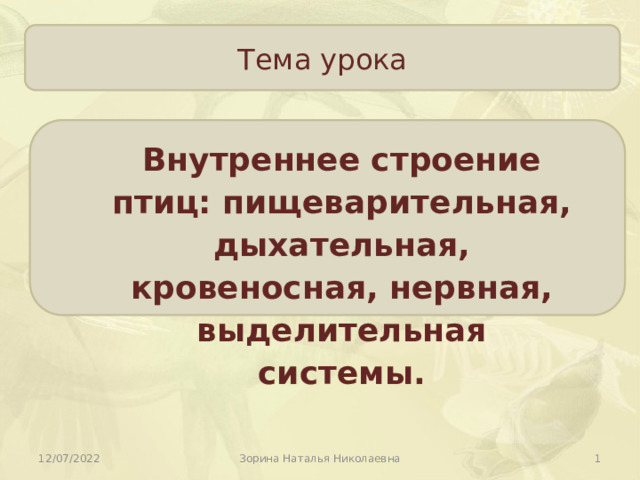Тема урока Внутреннее строение птиц: пищеварительная, дыхательная, кровеносная, нервная, выделительная системы.  12/07/2022 Зорина Наталья Николаевна 
