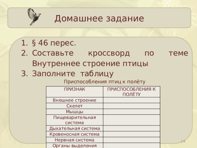 Домашнее задание § 46 перес. Составьте кроссворд по теме Внутреннее строение птицы Заполните таблицу Приспособления птиц к полёту ПРИЗНАК Внешнее строение ПРИСПОСОБЛЕНИЯ К ПОЛЁТУ Скелет Мышцы Пищеварительная система Дыхательная система Кровеносная система Нервная система Органы выделения  