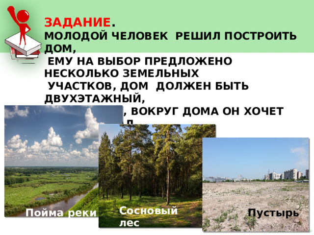 ЗАДАНИЕ . МОЛОДОЙ ЧЕЛОВЕК РЕШИЛ ПОСТРОИТЬ ДОМ,  ЕМУ НА ВЫБОР ПРЕДЛОЖЕНО НЕСКОЛЬКО ЗЕМЕЛЬНЫХ  УЧАСТКОВ, ДОМ ДОЛЖЕН БЫТЬ ДВУХЭТАЖНЫЙ, КИРПИЧНЫЙ, ВОКРУГ ДОМА ОН ХОЧЕТ РАЗВЕСТИ САД, ТЕПЛИЦЫ И ПАСЕКУ. ПОМОГИТЕ МОЛОДОМУ ЧЕЛОВЕКУ?!   Сосновый лес Пойма реки Пустырь 