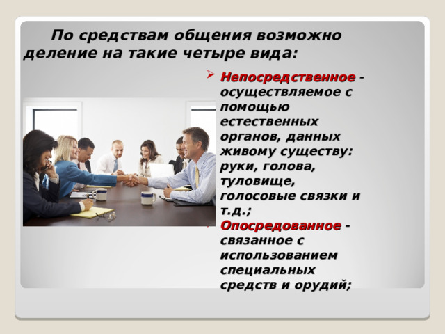    По средствам общения возможно деление на такие четыре вида:   Непосредственное - осуществляемое с помощью естественных органов, данных живому существу: руки, голова, туловище, голосовые связки и т.д.; Опосредованное - связанное с использованием специальных средств и орудий; 