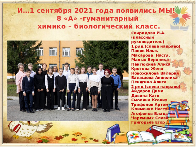 И…1 сентября 2021 года появились МЫ! 8 «А» -гуманитарный  химико – биологический класс. Свиридова И.А. (классный руководитель) 1 ряд (слева направо) Панов Илья. Макарова Настя. Малых Вероника Пантюхина Алиса Кротова Женя Новожилова Валерия Балашова Анжелика Пенягина Алиса 2 ряд (слева направо) Айдаров Дима Дивина Катя Смолина Ксения Трифонов Артем Клименко Настя Агофонов Влад Черемных Слава Григорьев Егор     