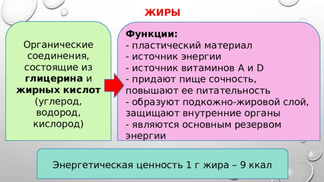  жиры   Органические соединения, состоящие из глицерина и жирных кислот (углерод, водород, кислород) Функции: - пластический материал - источник энергии - источник витаминов А и D - придают пище сочность, повышают ее питательность - образуют подкожно-жировой слой, защищают внутренние органы - являются основным резервом энергии Энергетическая ценность 1 г жира – 9 ккал 