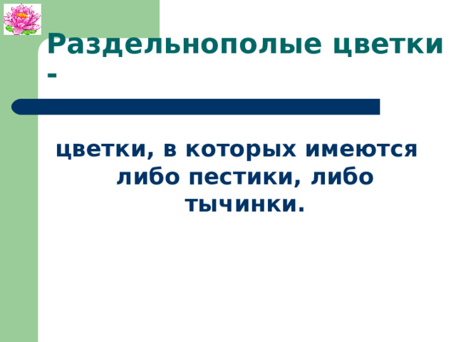 Раздельнополые цветки - цветки, в которых имеются либо пестики, либо тычинки. 